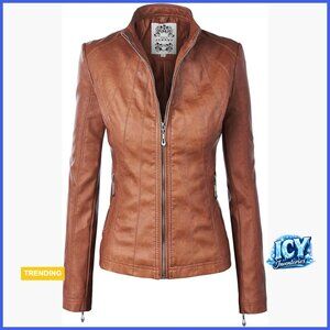 Faux Leather Zip Up Moto Biker Jacket with Stitching Detail